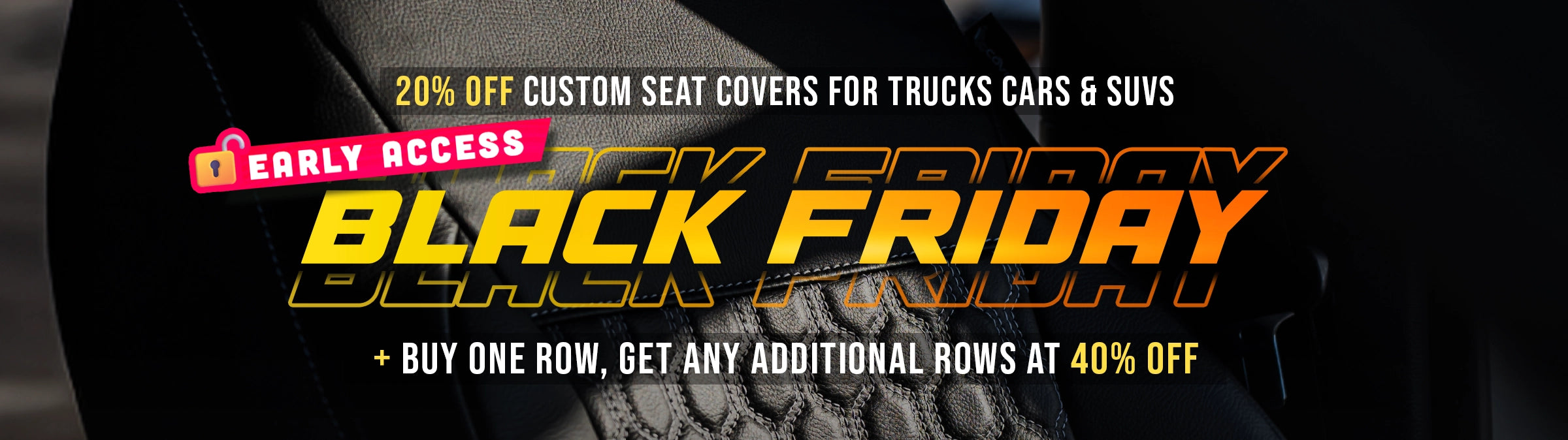 Black Friday sale banner for custom seat covers with text and promotional offers.