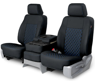 Leatherette quilted custom seat covers black with blue hexagon stitching front seat in Black with Blue Hexagon Stitching