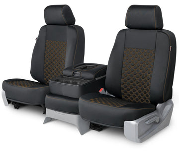 Neo-sport quilted custom seat covers black with orange hexagon stitching middle seat in Black with Orange Hexagon Stitching
