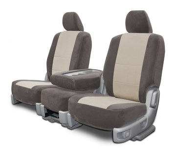 Two tone velour custom seat covers taupe and tan front seat in Taupe and Tan